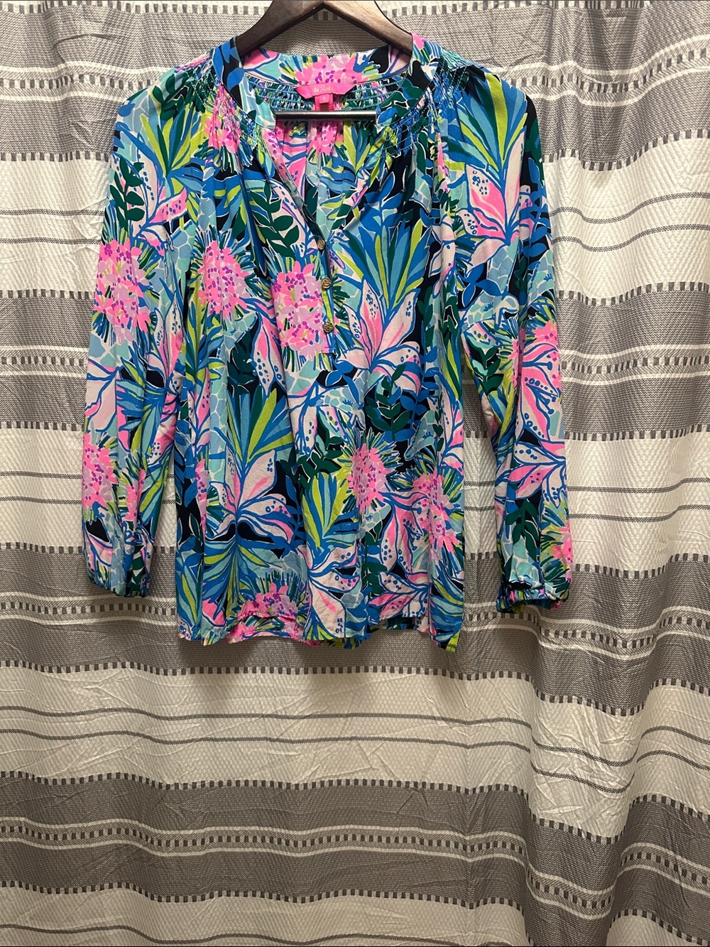 Lilly Pulitzer Blue Pink Green Floral Split-Neck Blouse